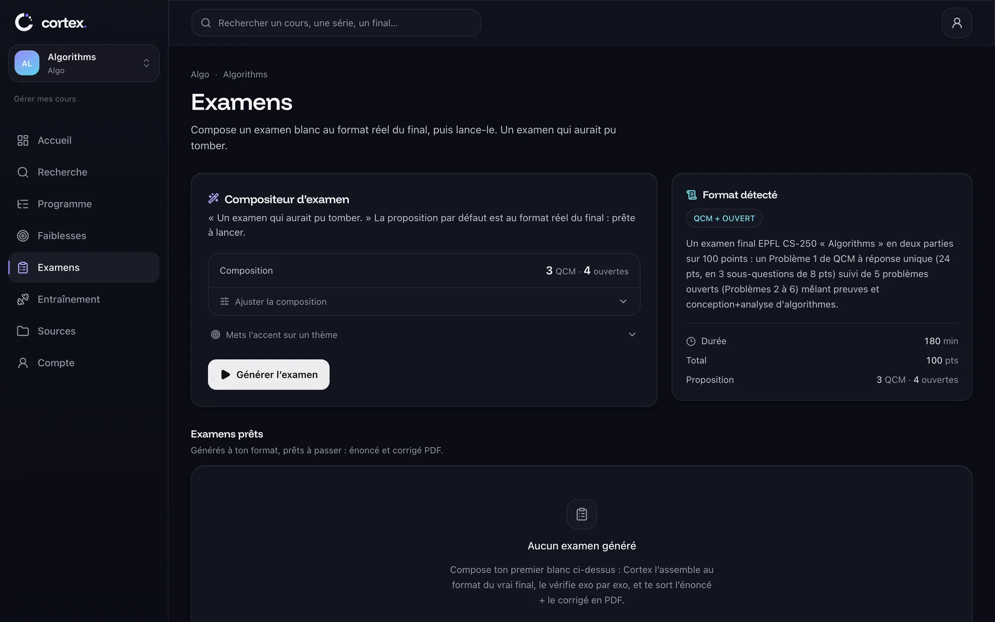 Cortex, Exams page: the exam composer with a proposed composition of 3 multiple-choice and 4 open problems, and the detected format of the real final: 180 minutes, 100 points.