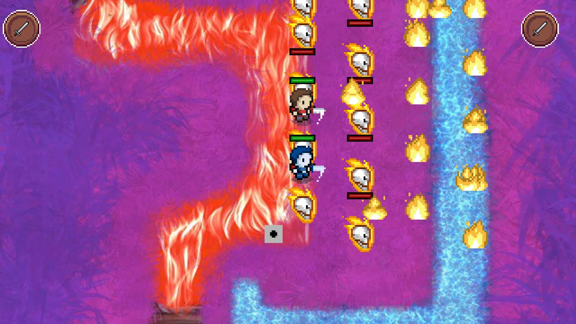 ICoop, the Maze: two columns of flaming skulls with health bars, streams of lava and water, both players attacking between them.