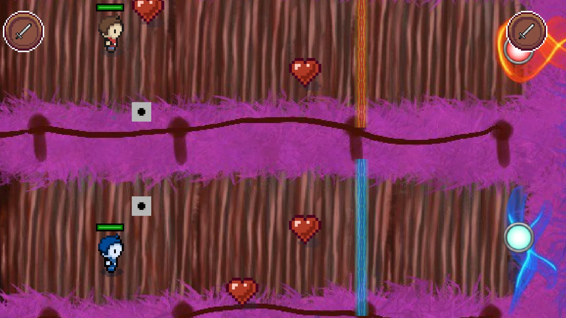 ICoop, the OrbWay area: two corridors with hearts and pressure plates, a fire wall and a water wall, one player in each corridor.