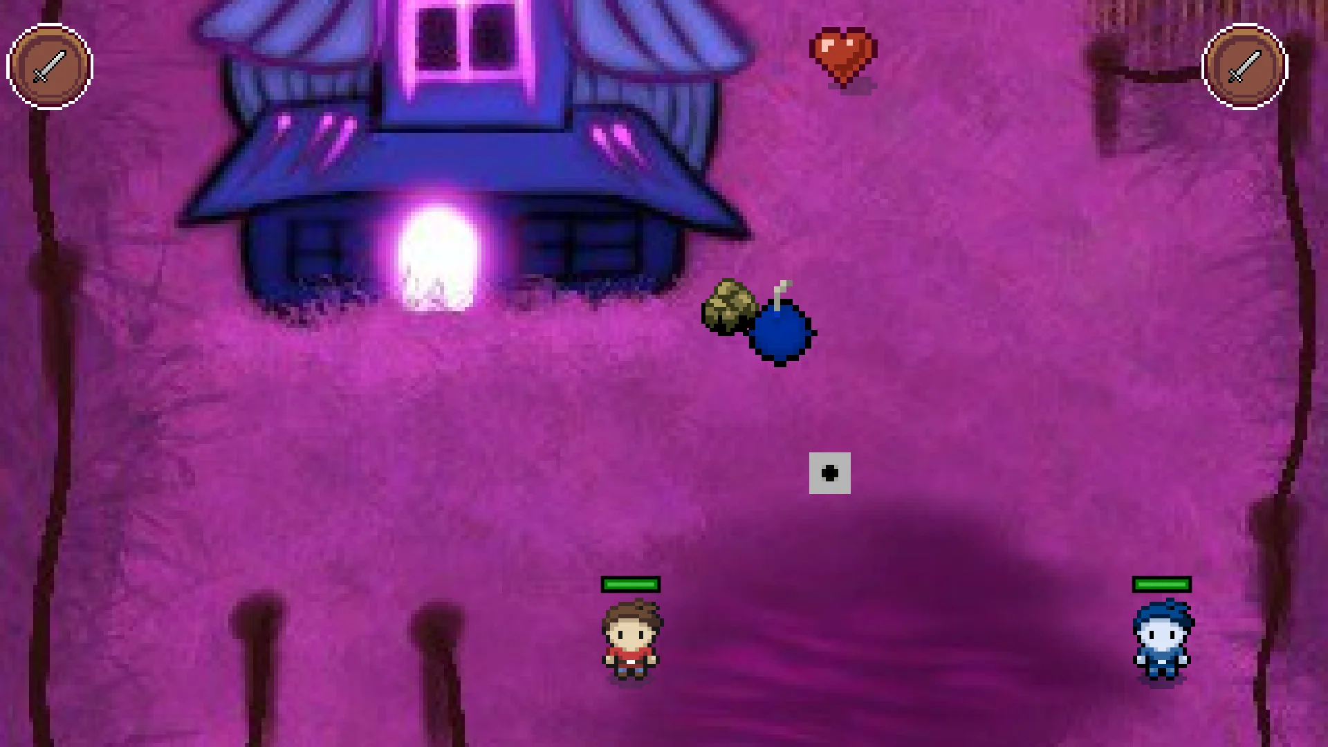ICoop, the Spawn area: the fire player and the water player below a manor, with a heart, a bomb and a pressure plate.